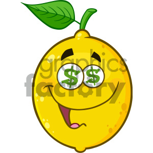 Royalty Free RF Clipart Illustration Funny Yellow Lemon Fruit Cartoon Emoji Face Character With Dollar Eyes And Smiling Expression Vector Illustration Isolated On White Background