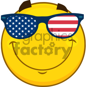 Royalty Free RF Clipart Illustration Smiling Patriotic Yellow Cartoon Emoji Face Character With USA Flag Sunglasses  Vector Illustration Isolated On White Background