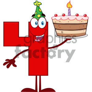 Royalty Free RF Clipart Illustration Funny Red Number Four Cartoon Mascot Character Holding Up A Birthday Cake Vector Illustration Isolated On White Background