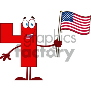 A cartoon character in the shape of the number four holding a USA flag, representing the Fourth of July.