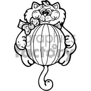 The clipart image depicts a humorous and stylized illustration of a cat with a somewhat exaggerated, round body resembling a pumpkin. The cat has large, expressive eyes, a quirky smile, and is wearing a bow tie with a polka dot pattern. Its tail curls playfully at the end.