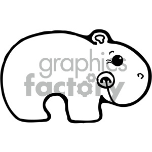The image is a simple black and white clipart of a cartoon hippopotamus. The hippo is drawn in a stylized manner with minimal detail, featuring a large rounded body, small stylized ears, a round nose, a visible tail, and a small smile.