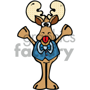 The clipart image depicts a cartoon moose. The moose is standing upright like a human, wearing a blue vest with a bowtie and has a cheerful expression with its tongue sticking out.