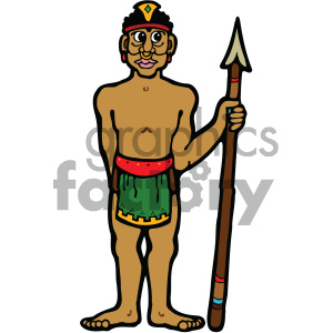 Clipart image of a tribal warrior standing and holding a spear. The warrior has traditional adornments, including a headpiece, earrings, and a loincloth, with a bare chest and bare feet.
