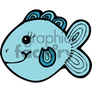   The clipart image depicts a stylized cartoon fish. The fish is primarily blue in color with black outlines. It features a playful design with a simple smiling face and eye with eyelashes. The fish