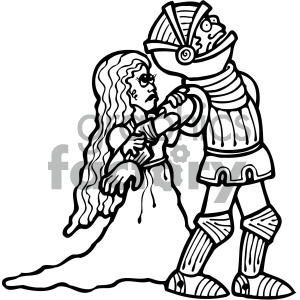 A cute cartoon knight and an ancient princess in a romantic fairy tale setting.