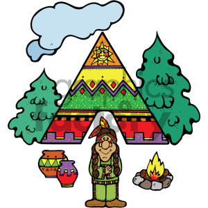 A cute cartoon illustration featuring a Native American character standing in front of a colorful tipi. The scene includes trees, pottery, and a campfire.