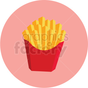 Clipart image of a red container filled with golden French fries, set against a pink circle background.