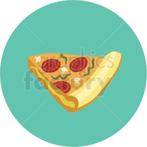 Clipart image of a pizza slice with pepperoni, mushrooms, and green peppers on a turquoise background.