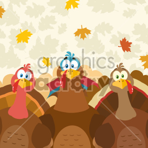 Thanksgiving Turkeys Cartoon Mascot Characters Vector Illustration Flat Design Over Background With Autumn Leaves