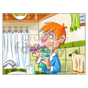 The clipart image depicts a cartoon boy in the bathroom performing dental hygiene; he is holding a toothbrush with toothpaste on it and appears to be squeezing toothpaste from the tube. Key features include a sink, a mirror, and various bathroom elements such as a towel, a light fixture, and a shower curtain.