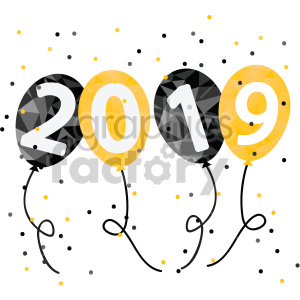 Clipart of balloons with numbers 2019 for New Year's celebration in black and yellow colors with confetti.