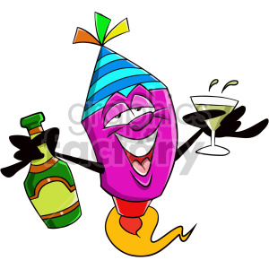 Colorful cartoon character with a party hat, holding a champagne bottle and a martini glass, celebrating enthusiastically.