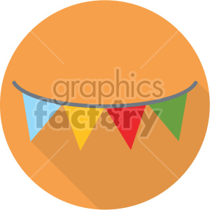 Colorful bunting flags on a circular orange background, symbolizing celebration and festivity.