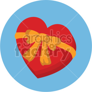 A heart-shaped box of candy illustrated in clipart style, featuring a red box with a golden bow, set against a blue background.