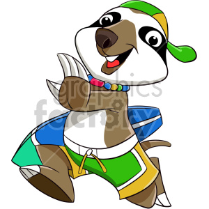 The image illustrates a cartoon sloth character that is dressed like a surfer. The sloth is wearing a white and green cap, a colorful beaded necklace, and board shorts with a green, yellow, and blue pattern. The character is striking a pose that gives the impression of surfing enthusiasm.