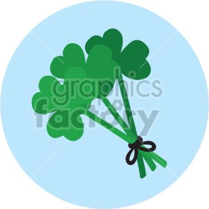 A clipart image of a bouquet of shamrocks tied together with a black ribbon, set against a light blue circular background.