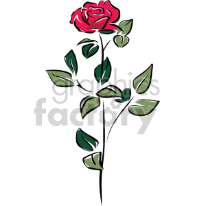 Illustration of a red rose with a long stem and green leaves, in a clip art style.