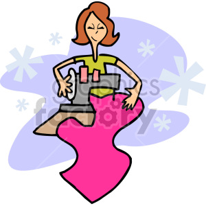 A whimsical illustration of a woman using a sewing machine with a vibrant pink fabric, set against an abstract background with playful star shapes.