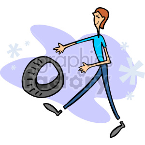 Clipart image of a person rolling a tire, illustrating a mechanic or technician working in a garage.