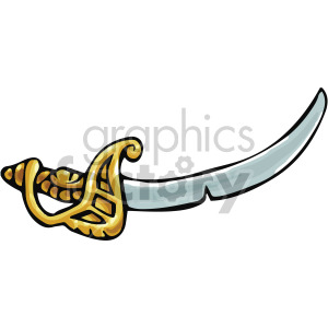 A clipart image of a pirate sword with a curved blade and an ornate golden hilt.