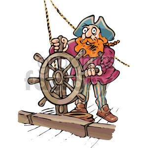 A cartoonish pirate ship captain with a red beard steering a ship's wheel, wearing a blue hat, pink coat, and striped pants.