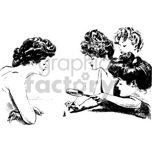 Vintage clipart of four women examining something small with a magnifying glass.