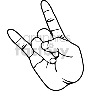 Line art of a hand making the 'I Love You' gesture in American Sign Language.