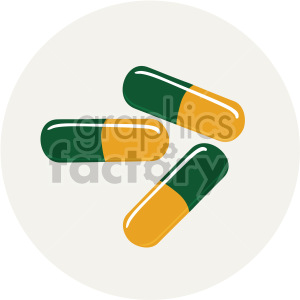 Illustration of three green and yellow capsules representing medication or pharmaceutical pills.