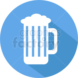 Clipart image of a beer mug filled with frothy beverage in a blue circular background.