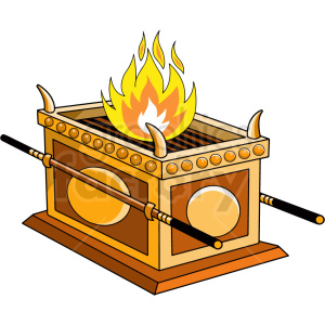 Illustration of a religious altar with a fire burning on top, featuring a design with horns and decorative handles.