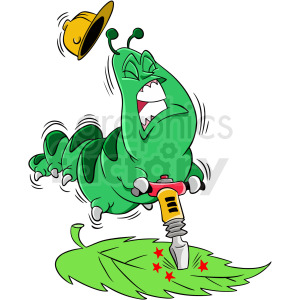 A cartoon representation of a green caterpillar operating a jackhammer on a green leaf. The caterpillar appears to be straining or struggling, with a hard hat flying off its head.