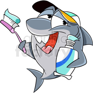   The clipart image depicts a cartoon shark with a happy and playful expression, wearing a baseball cap backward. The shark is holding a pink toothbrush with toothpaste on it in one of its fins and a tube of toothpaste in the other fin. It appears to be emphasizing the importance of dental hygiene. 