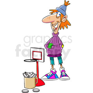 A cartoon man wearing a beanie and casual clothes stands next to a small basketball hoop and a cup filled with coins, indicating donation or begging.