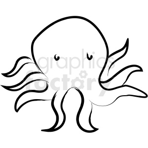 A simple, black and white line drawing of an octopus with six visible tentacles and two small eyes.