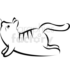 The image is a black and white clipart of a cat stretched out in a pose that resembles a yoga position. The cat appears to be on its side, with its back curved, creating an impression of flexibility or stretching.