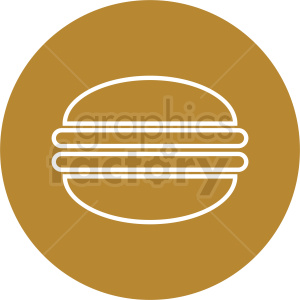 A simple, minimalist line art clipart of a hamburger, set against a round brown background.