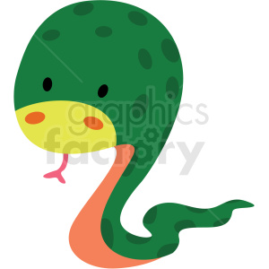 The image is a colorful, stylized illustration of a snake. The snake has a green body with darker green spots, a yellow underside, and it features a simple, cute face with a pair of small black eyes and a tiny pink tongue sticking out. The tail of the snake curls slightly.