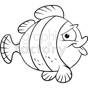 A black and white clipart image of a cartoon fish with a sad expression, having large eyes, fin stripes, and a small mouth.