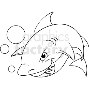 The image is a black and white clipart illustration of a smiling shark with a friendly appearance. There are several large bubbles around the shark, which add to the undersea ambience of the image.
SEO title for image: Friendly Shark Illustration - Ocean Life Clipart