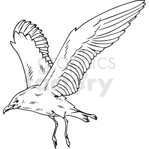 A black and white clipart image of a seagull in flight, showcasing its wings spread wide.