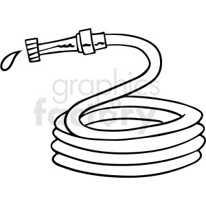   The clipart image shows a cartoon-style gardening hose that is depicted in black and white. It appears to be coiled up with its nozzle end pointing towards the left side of the image, as if it