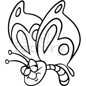 A black and white clipart image of a smiling cartoon butterfly with large wings and antennae.