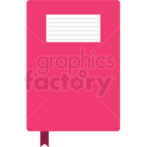 A clipart image of a pink book with a white label and a maroon bookmark.