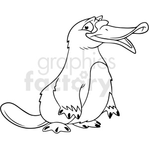 A black and white line drawing of a cartoon platypus with a cheerful expression.