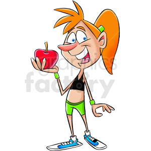 cartoon women in yoga pants eating an apple