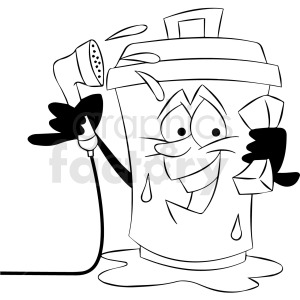 black and white cartoon trash can character cleaning itself