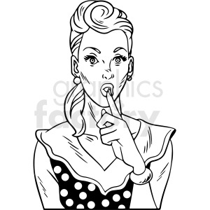 A black and white clipart illustration of a surprised woman with a vintage hairstyle, wearing earrings and a polka-dot dress. She has her finger on her lips in a thoughtful or wondering pose.