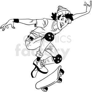 black and white cartoon male skater doing kickflip vector illustration