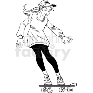   black and white cartoon female skateboarder vector illustration 